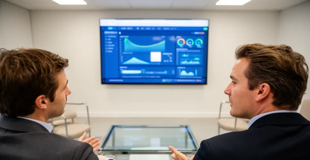 Équipe communication analysant les performances vidéo en réunion